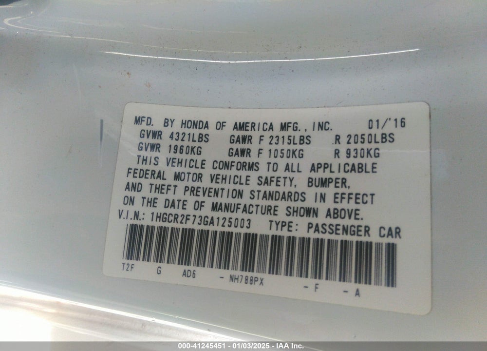 2016 HONDA ACCORD VIN: 1HGCR2F73GA125003
