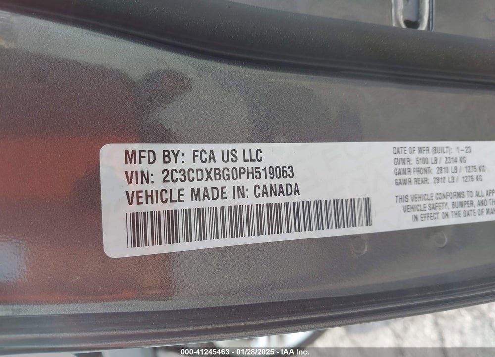 2023 DODGE CHARGER VIN: 2C3CDXBG0PH519063