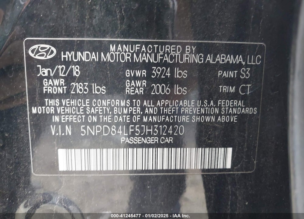 2018 HYUNDAI ELANTRA SEL VIN: 5NPD84LF5JH312420