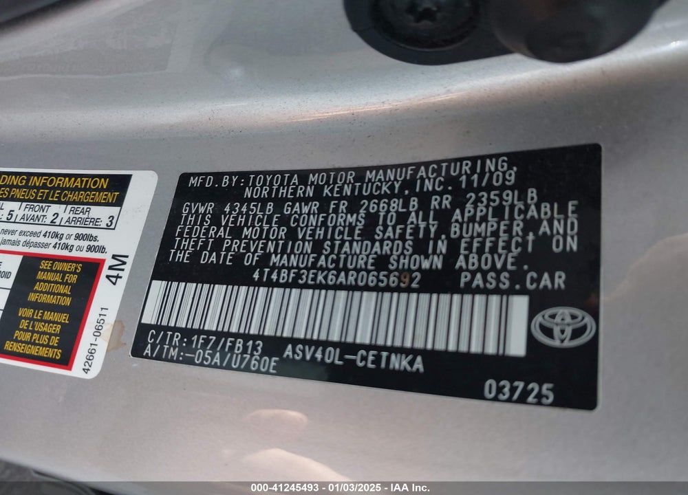 2010 TOYOTA CAMRY LE VIN: 4T4BF3EK6AR065692