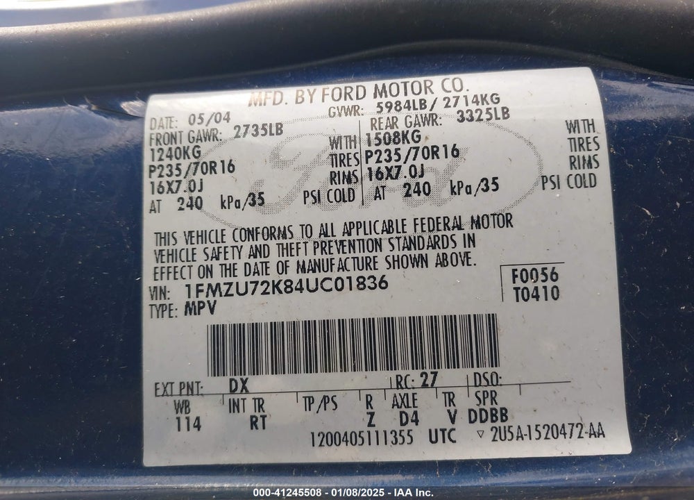 2004 FORD EXPLORER XLS VIN: 1FMZU72K84UC01836