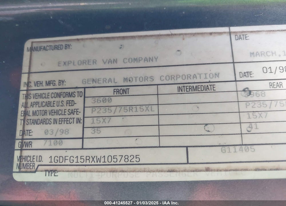 1998 GMC SAVANA RV VIN: 1GDFG15RXW1057825