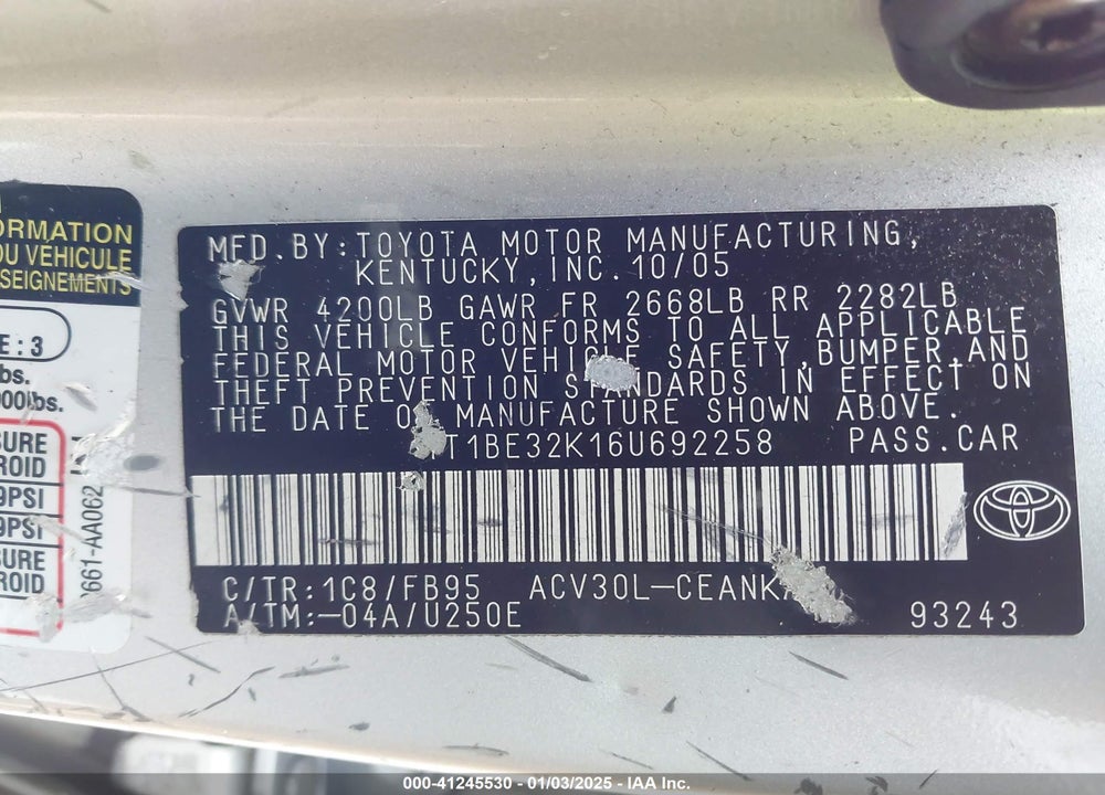 2006 TOYOTA CAMRY STD/ VIN: 4T1BE32K16U692258