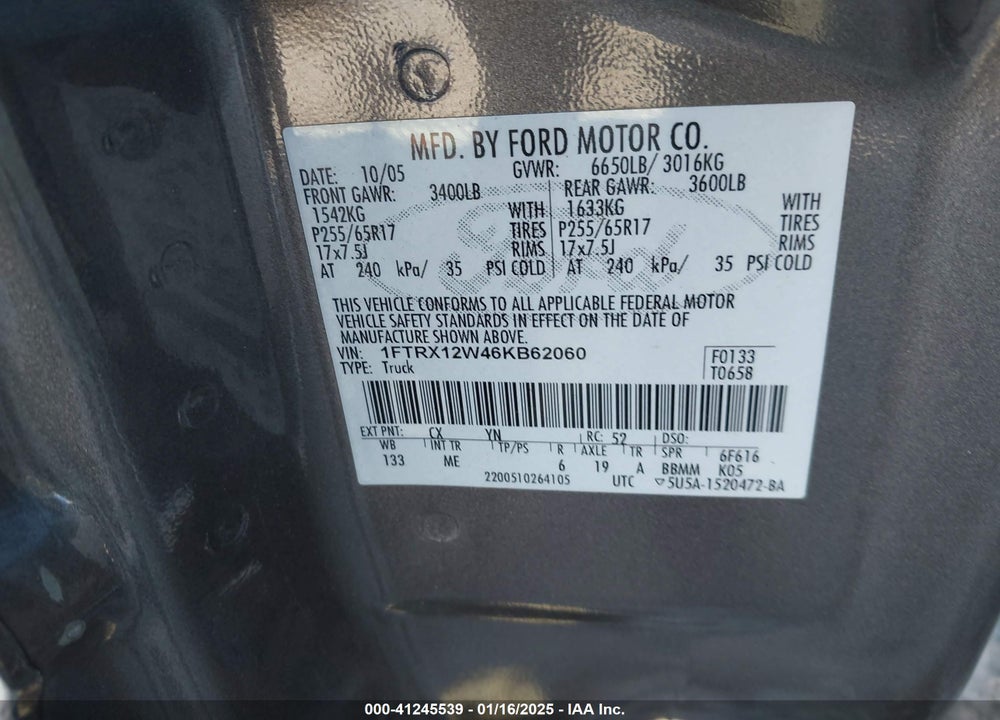 2006 FORD F-150 VIN: 1FTRX12W46KB62060