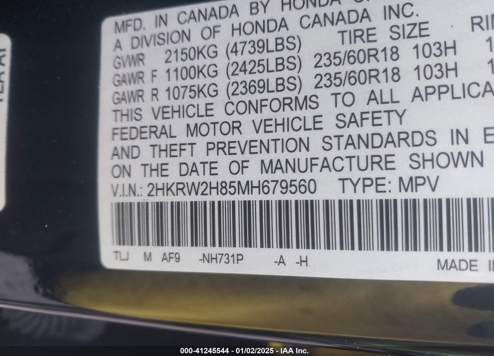 2021 HONDA CR-V AWD EX-L VIN: 2HKRW2H85MH679560