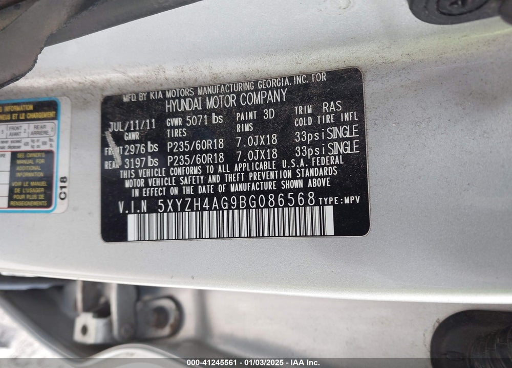 2011 HYUNDAI SANTA FE SE VIN: 5XYZH4AG9BG086568