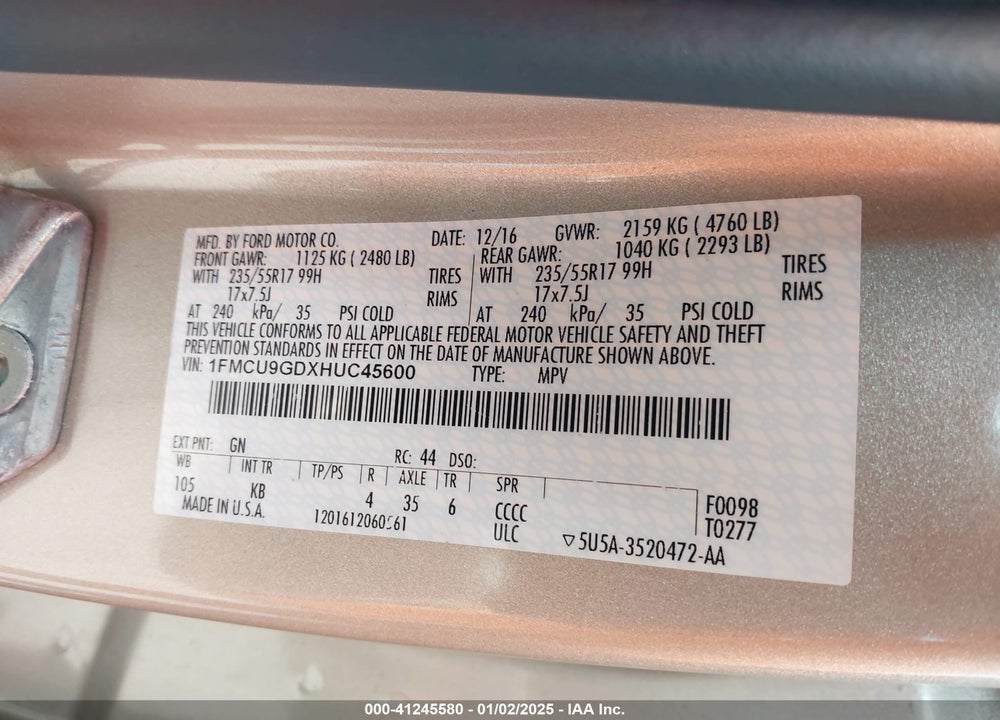 2017 FORD ESCAPE SE VIN: 1FMCU9GDXHUC45600