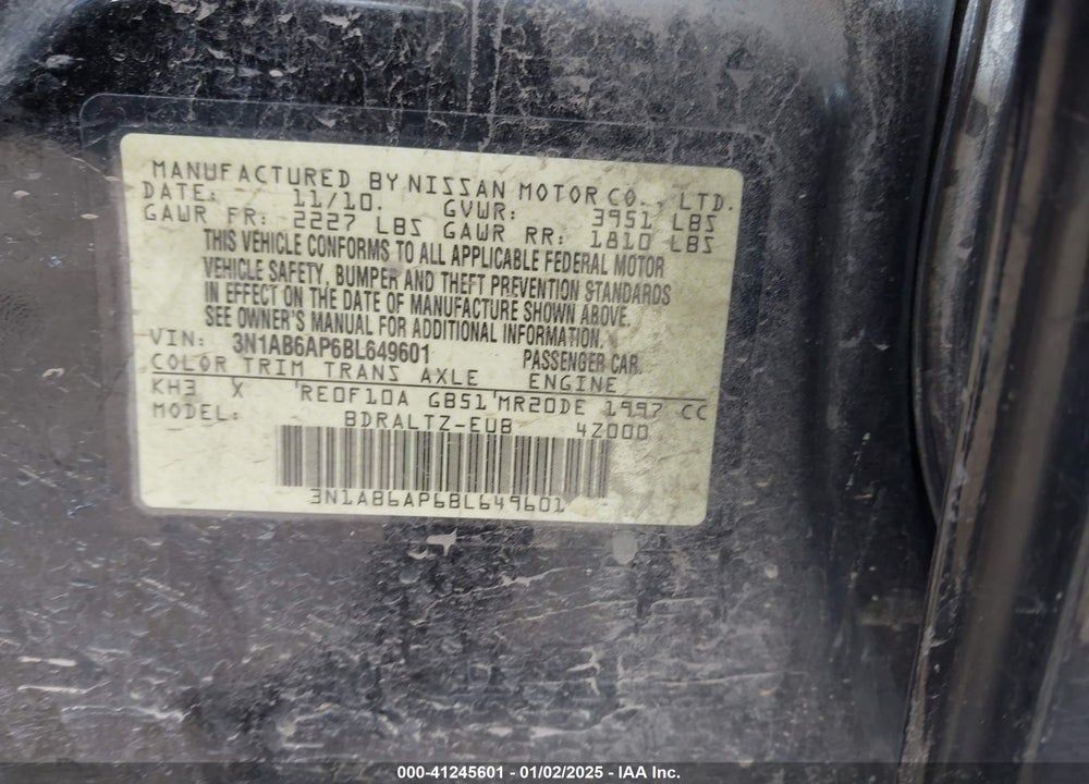2011 NISSAN SENTRA VIN: 3N1AB6AP6BL649601