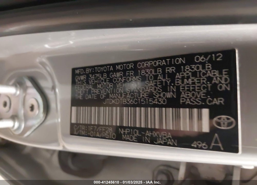 2012 TOYOTA PRIUS C VIN: JTDKDTB36C1515430