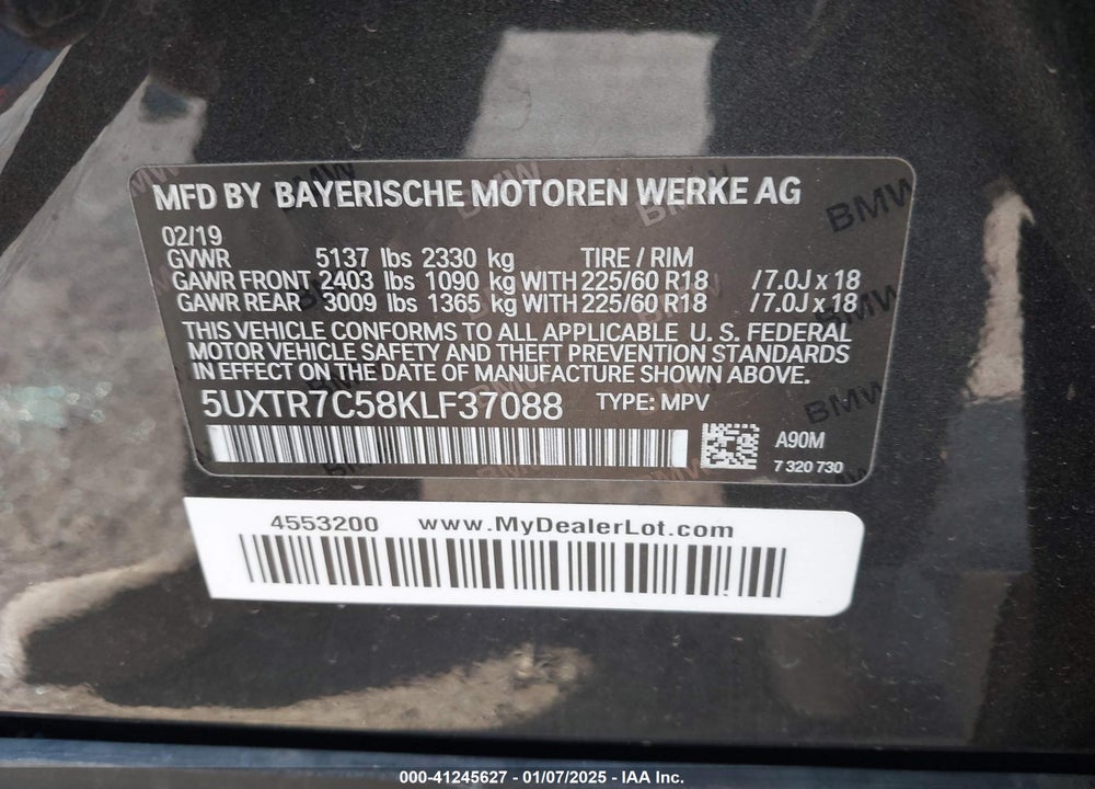 2019 BMW X3 SDRIVE30I VIN: 5UXTR7C58KLF37088