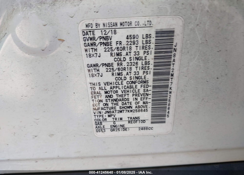 2019 NISSAN ROGUE SV VIN: JN8AT2MT7KW258645