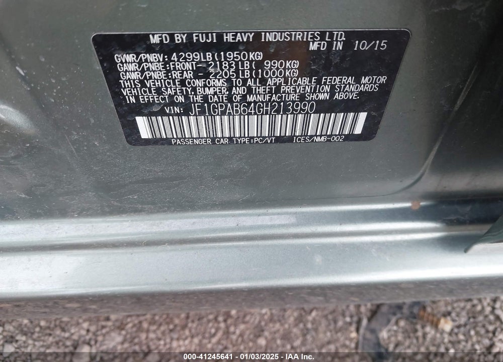2016 SUBARU IMPREZA 2.0I PREMIUM VIN: JF1GPAB64GH213990