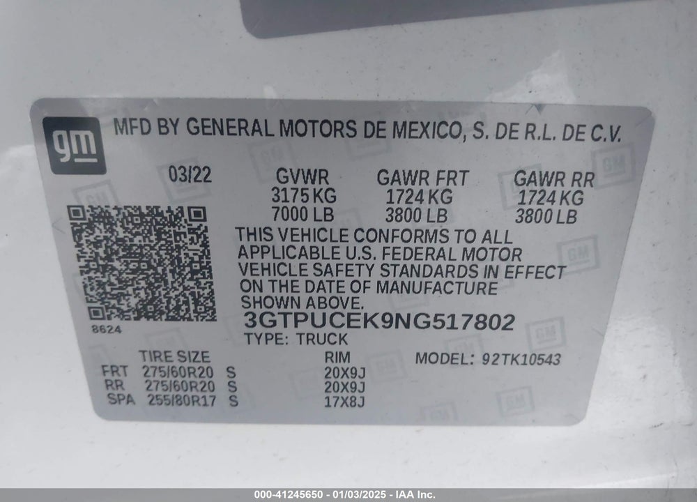 2022 GMC SIERRA VIN: 3GTPUCEK9NG517802