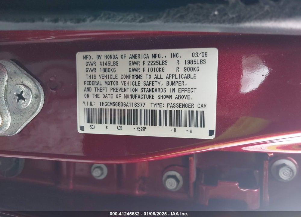 2006 HONDA ACCORD VIN: 1HGCM56806A116377