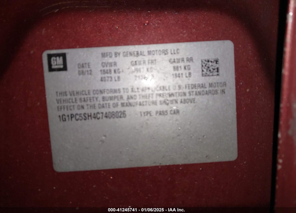 2012 CHEVROLET CRUZE LS VIN: 1G1PC5SH4C7408026