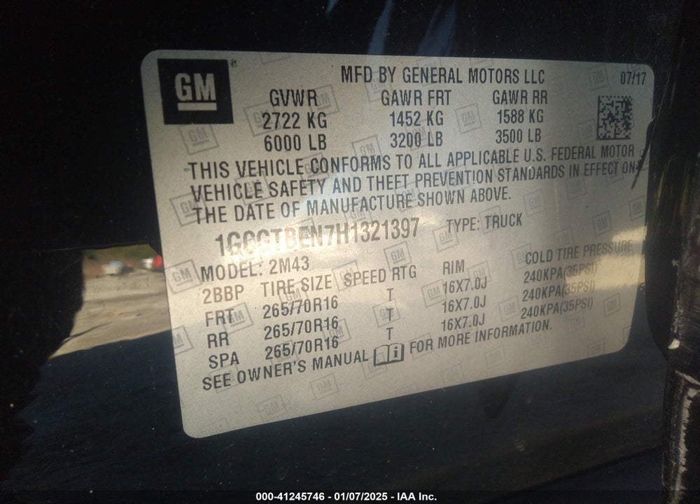 2017 CHEVROLET COLORADO WT VIN: 1GCGTBEN7H1321397