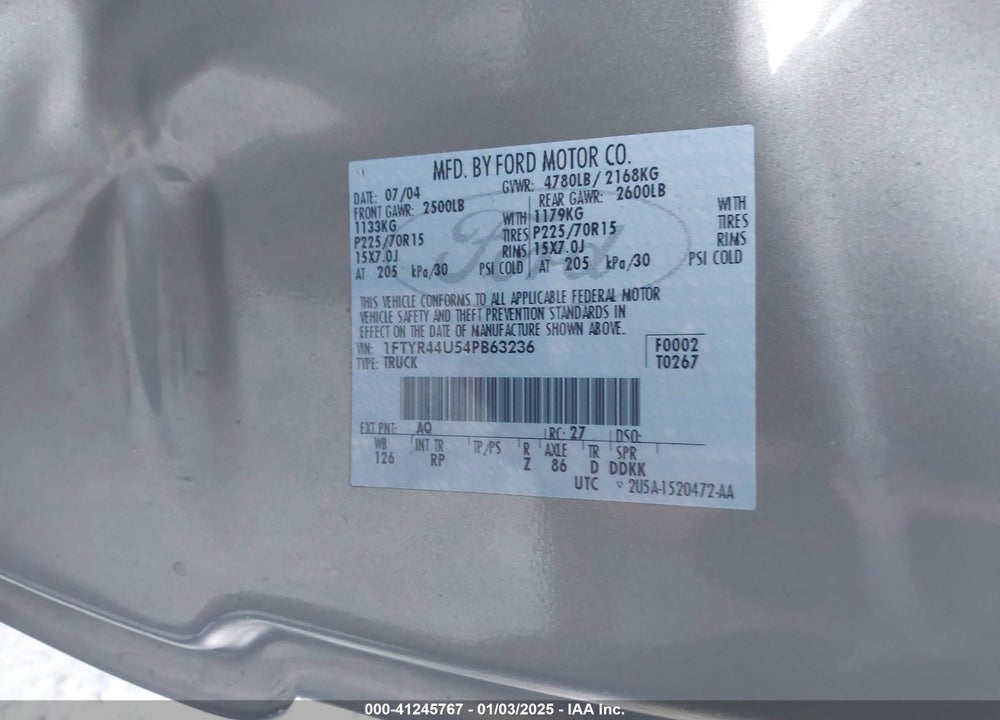 2004 FORD RANGER EDGE/TREMOR/XLT VIN: 1FTYR44U54PB63236