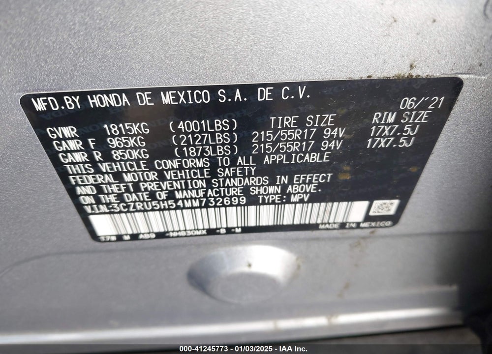2021 HONDA HR-V 2WD EX VIN: 3CZRU5H54MM732699