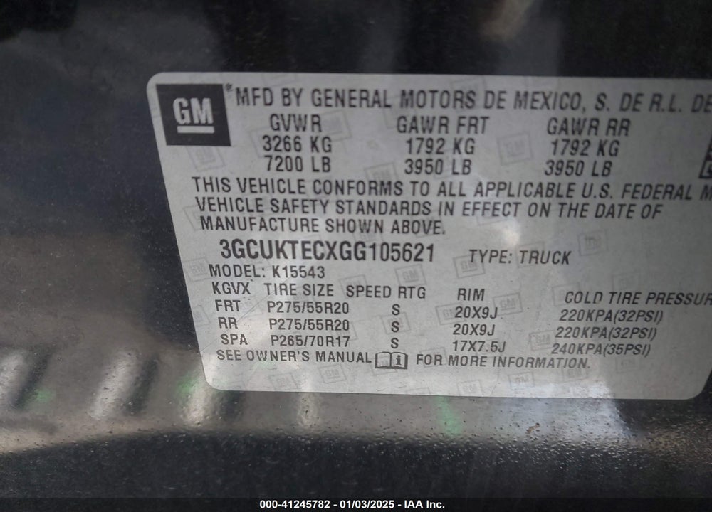 2016 CHEVROLET SILVERADO 1500 HIGH COUNTRY VIN: 3GCUKTECXGG105621