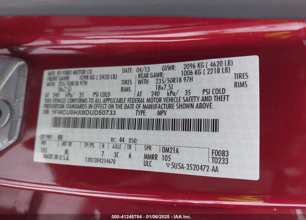 2013 FORD ESCAPE VIN: 1FMCU0HX8DUD50733