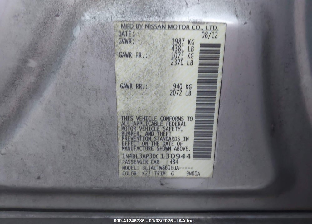 2013 NISSAN ALTIMA VIN: 1N4BL3AP3DC130944