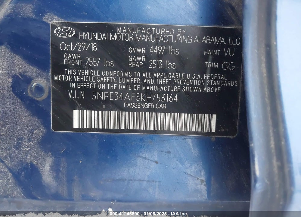 2019 HYUNDAI SONATA SEL VIN: 5NPE34AF5KH753164