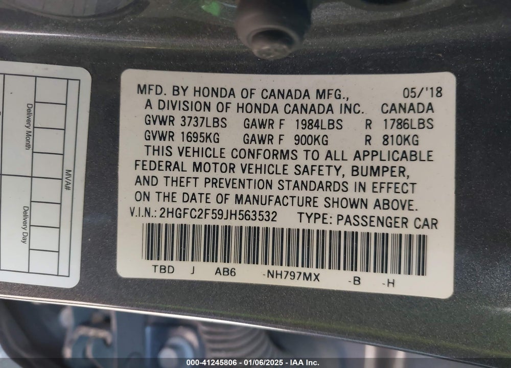 2018 HONDA CIVIC VIN: 2HGFC2F59JH563532