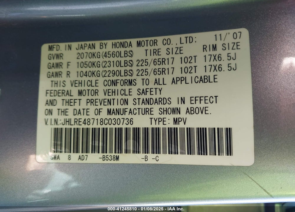 2008 HONDA CR-V EX-L VIN: JHLRE48718C030736