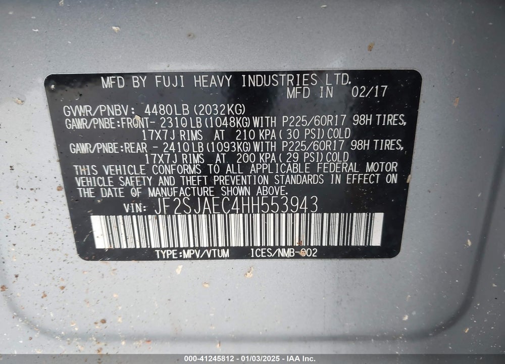 2017 SUBARU FORESTER VIN: JF2SJAEC4HH553943