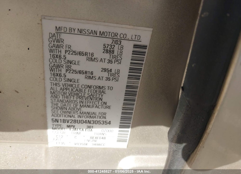 2004 NISSAN QUEST 3.5 S VIN: 5N1BV28U04N305354