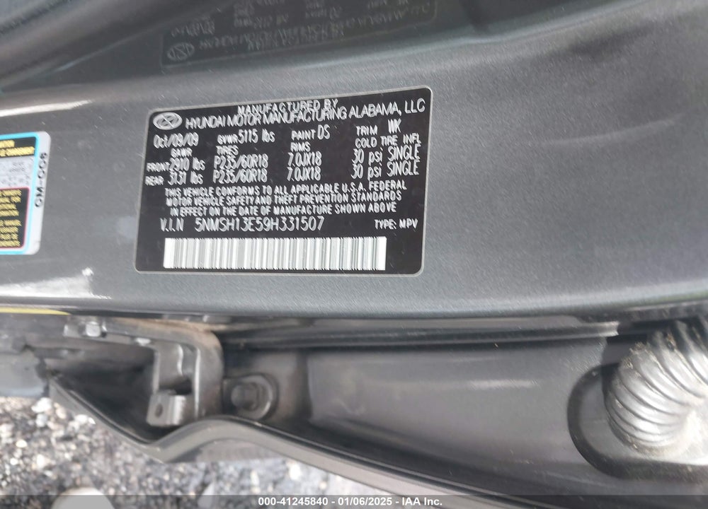 2009 HYUNDAI SANTA FE LIMITED VIN: 5NMSH13E59H331507