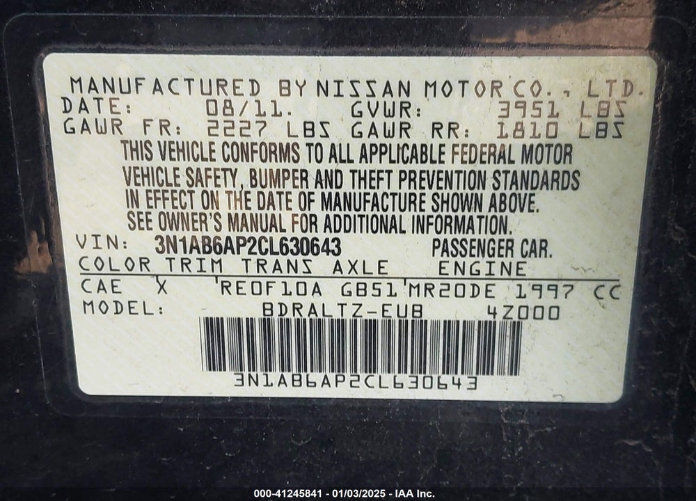 2012 NISSAN SENTRA 2.0 S VIN: 3N1AB6AP2CL630643