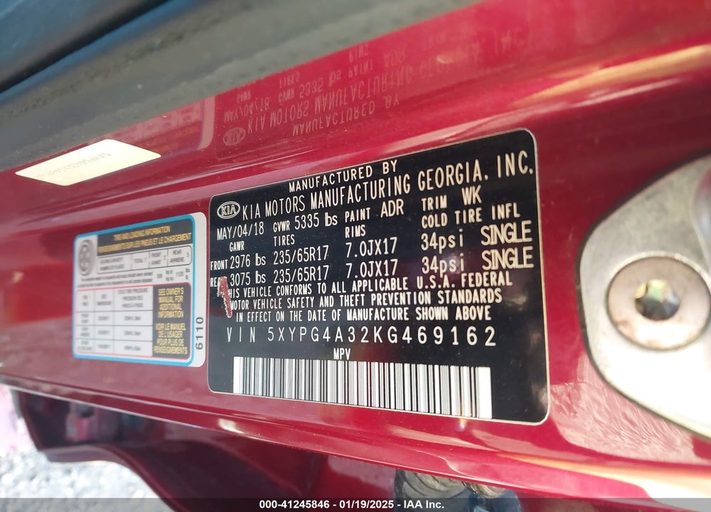 2019 KIA SORENTO 2.4L LX VIN: 5XYPG4A32KG469162