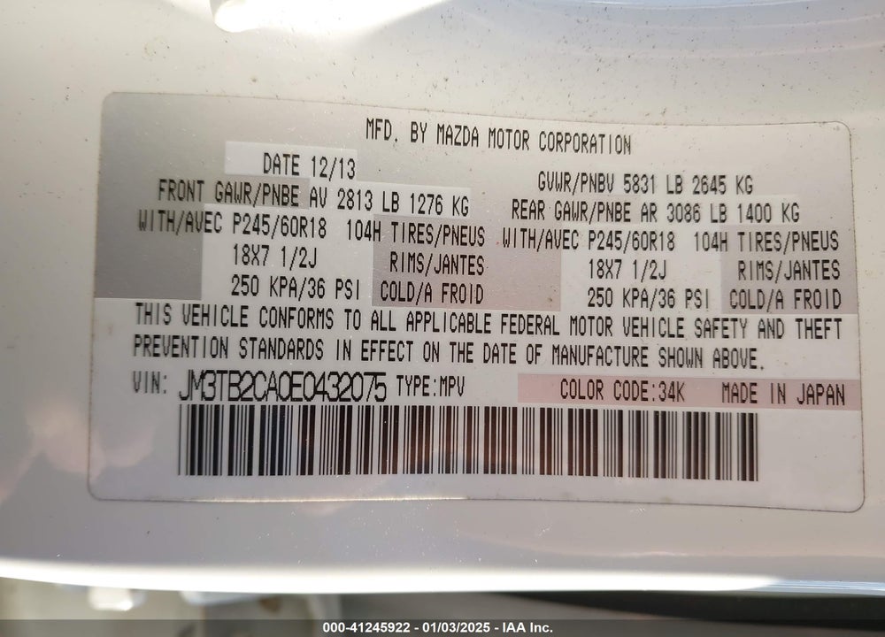 2014 MAZDA CX-9 TOURING VIN: JM3TB2CA0E0432075