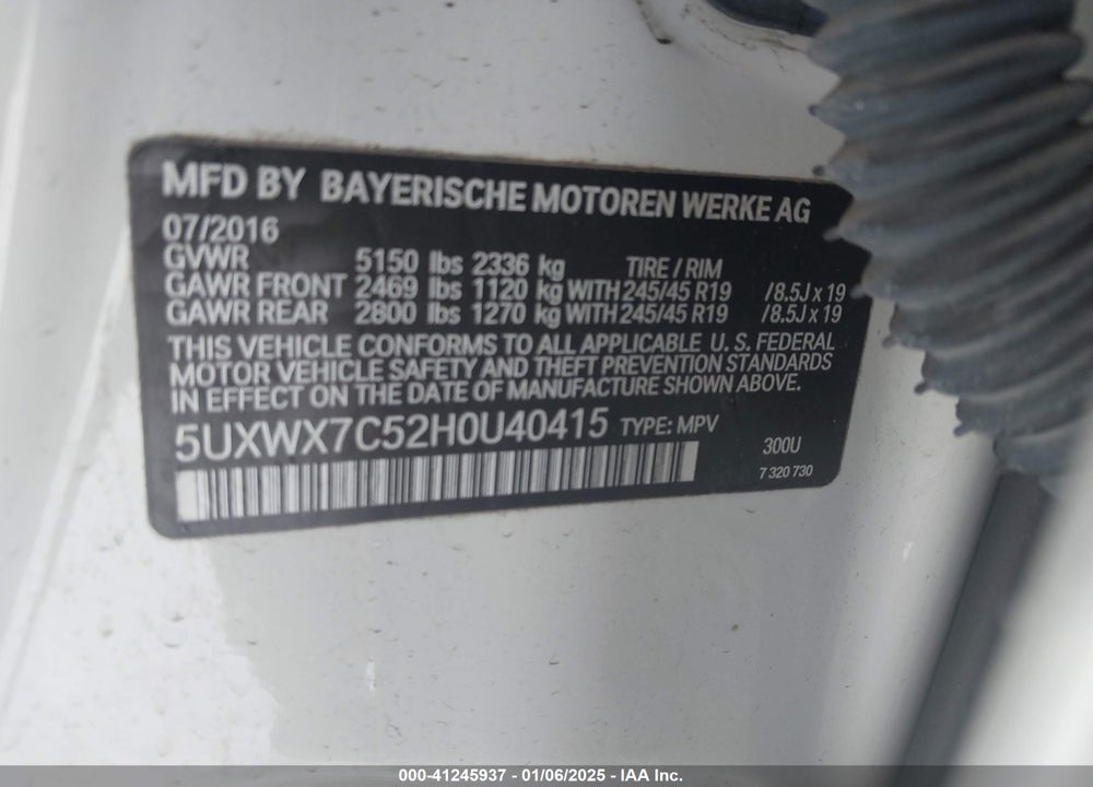 2017 BMW X3 XDRIVE35I VIN: 5UXWX7C52H0U40415