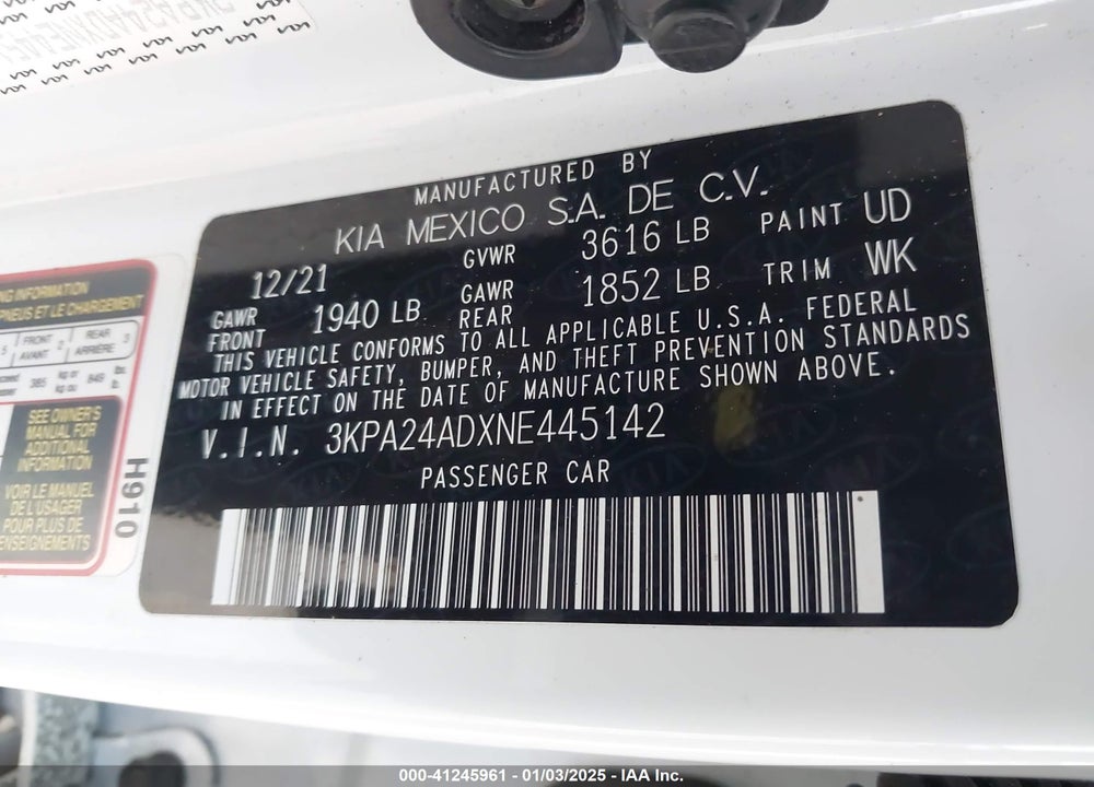 2022 KIA RIO LX VIN: 3KPA24ADXNE445142