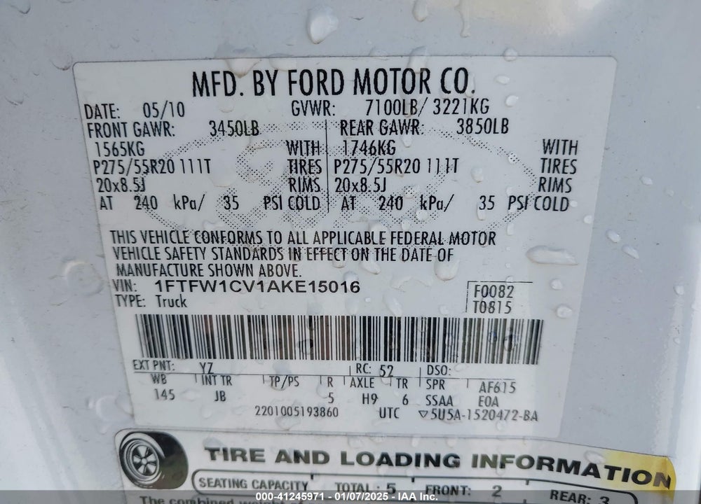 2010 FORD F-150 VIN: 1FTFW1CV1AKE15016