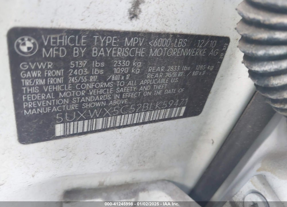 2011 BMW X3 XDRIVE28I VIN: 5UXWX5C52BLK59471