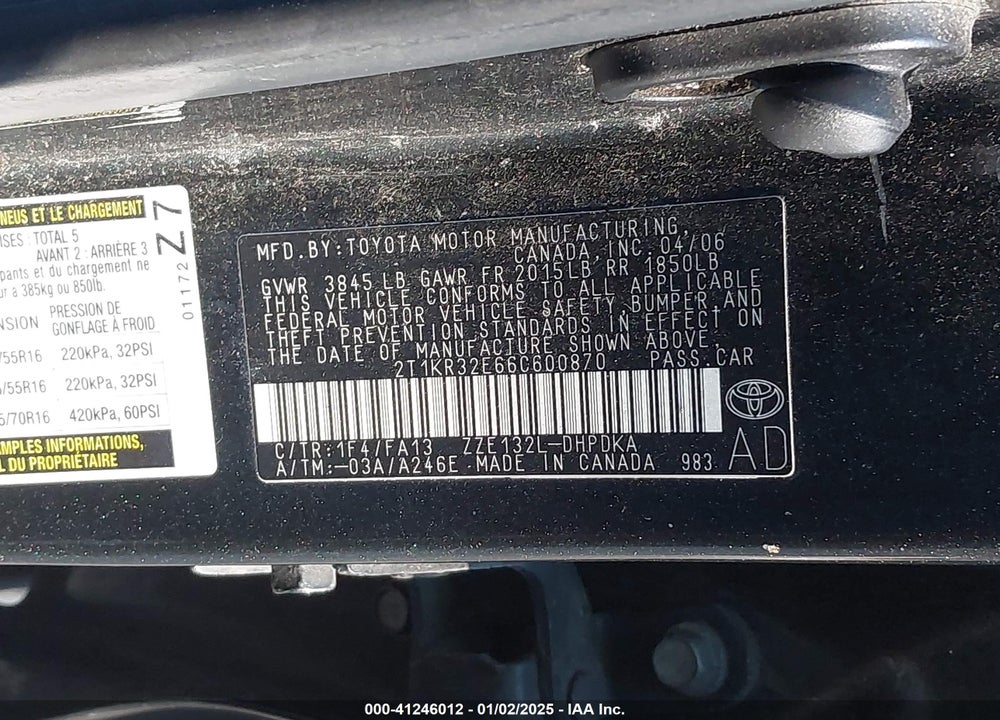 2006 TOYOTA MATRIX VIN: 2T1KR32E66C600870