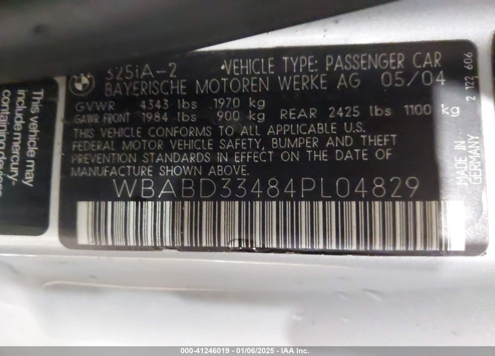 2004 BMW 325CI VIN: WBABD33484PL04829