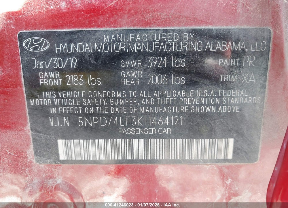 2019 HYUNDAI ELANTRA VIN: 5NPD74LF3KH464121