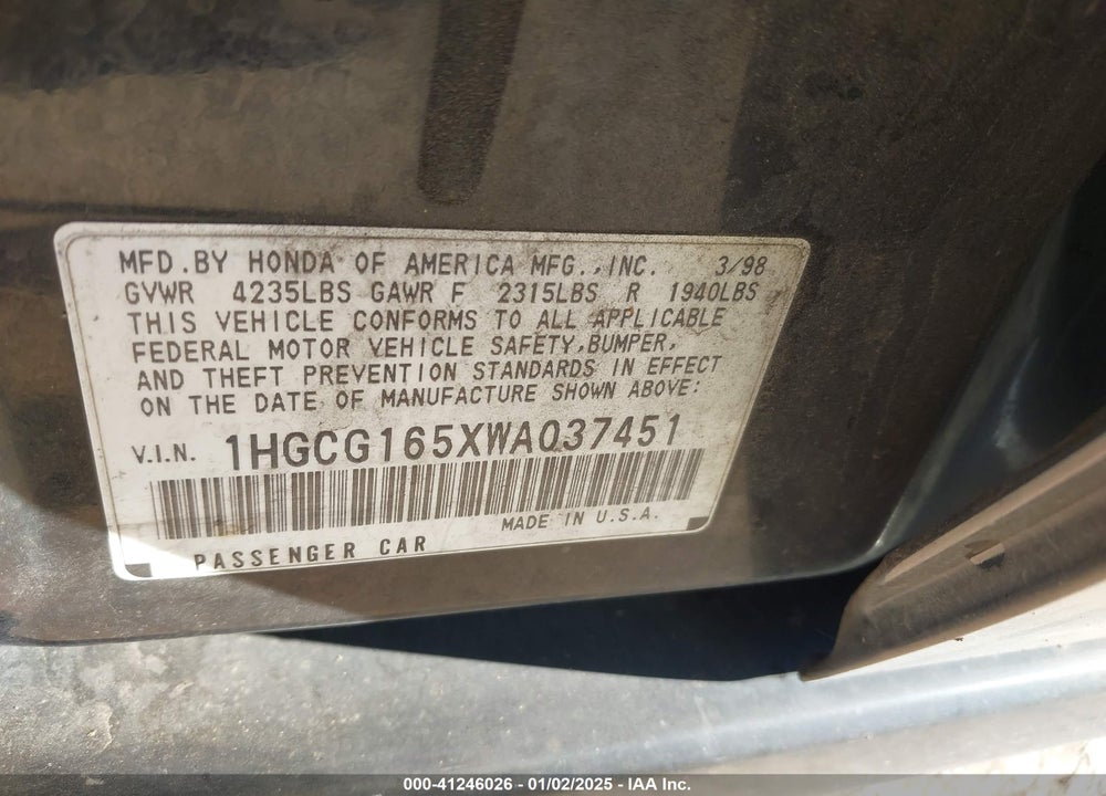 1998 HONDA ACCORD EX V6 VIN: 1HGCG165XWA037451