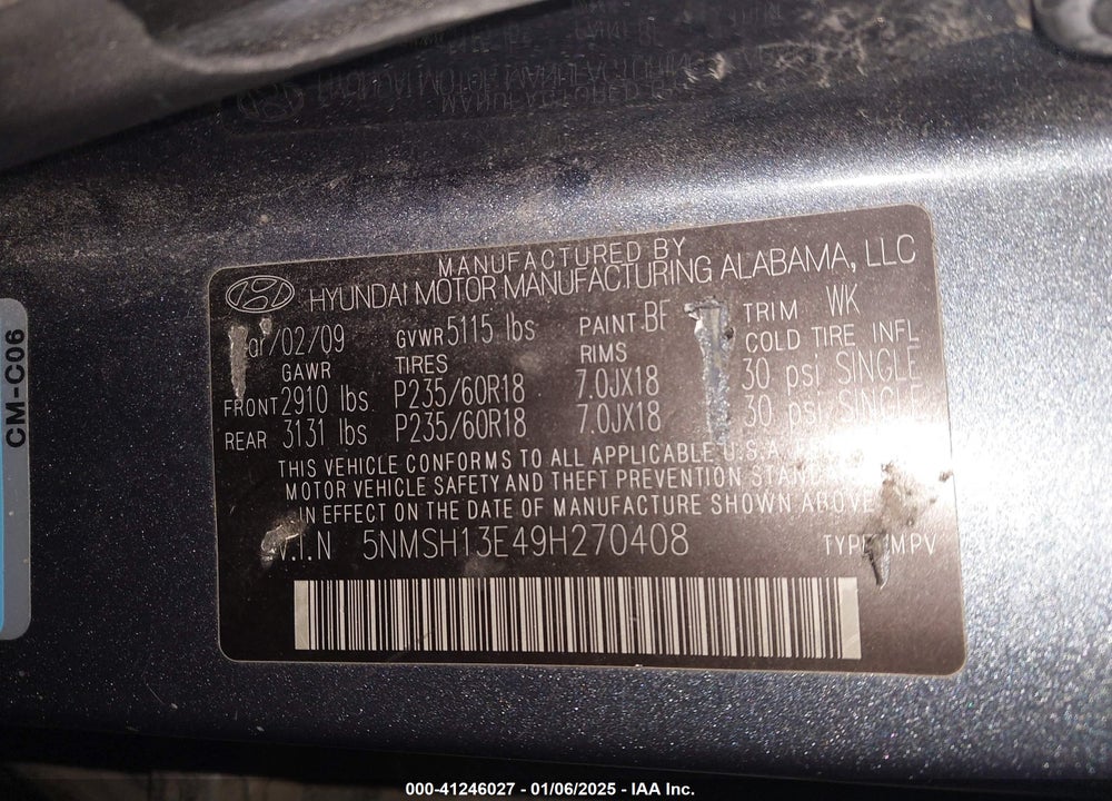2009 HYUNDAI SANTA FE LIMITED VIN: 5NMSH13E49H270408
