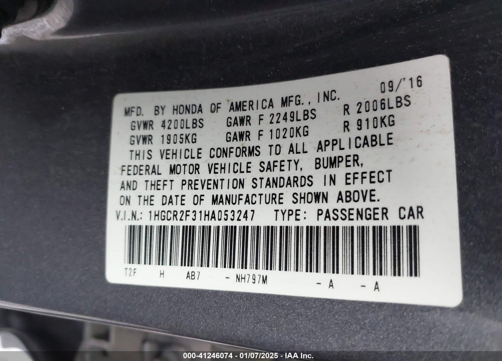 2017 HONDA ACCORD LX VIN: 1HGCR2F31HA053247