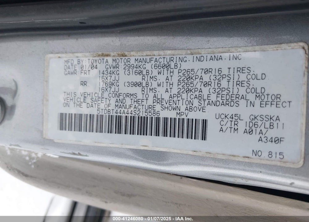 2004 TOYOTA SEQUOIA VIN: 5TDBT44A44S215586