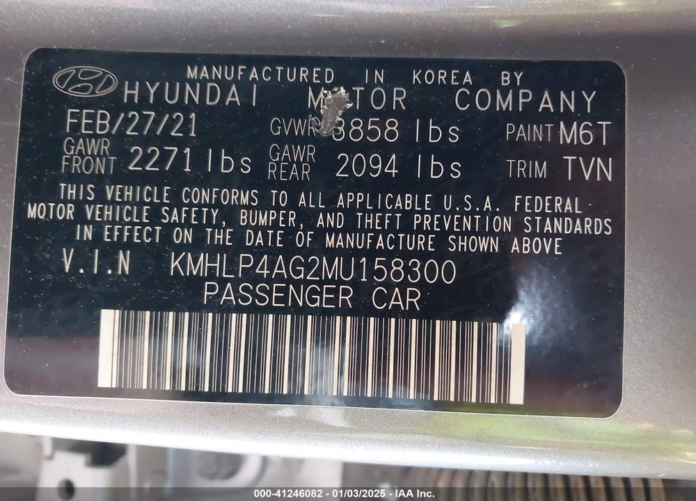 2021 HYUNDAI ELANTRA VIN: KMHLP4AG2MU158300