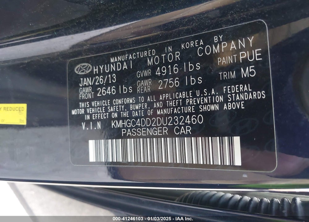 2013 HYUNDAI GENESIS 3.8 VIN: KMHGC4DD2DU232460