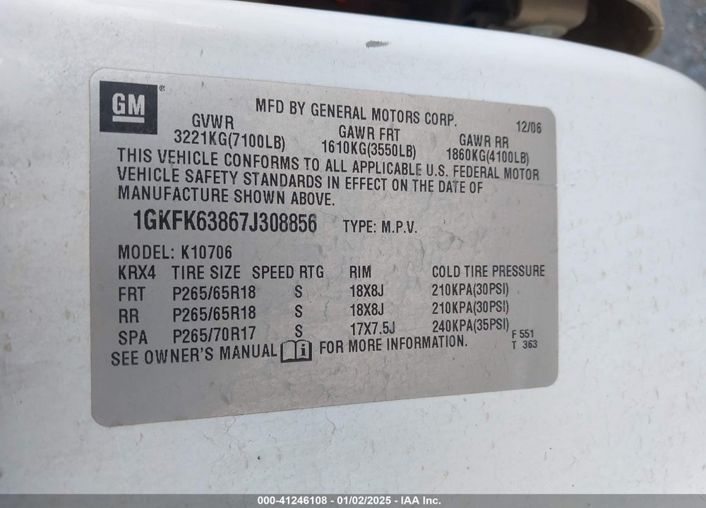 2007 GMC YUKON DENALI VIN: 1GKFK63867J308856