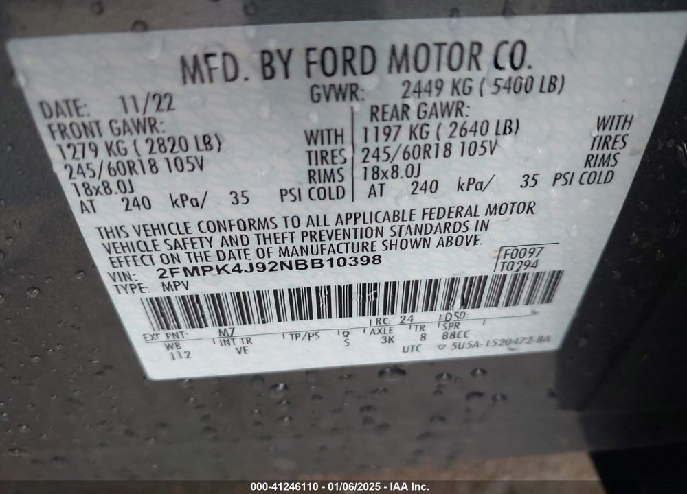 2022 FORD EDGE SEL VIN: 2FMPK4J92NBB10398