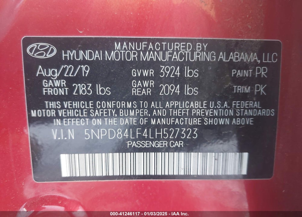 2020 HYUNDAI ELANTRA VIN: 5NPD84LF4LH527323